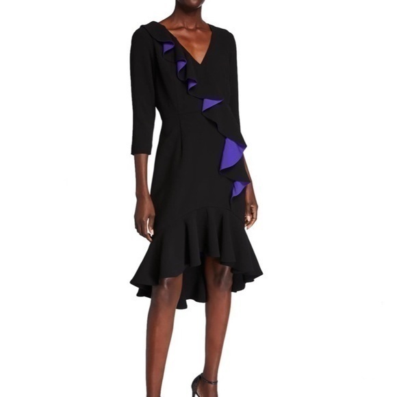Shani VNeck 3/4 Sleeve High-Low Ruffle Crepe Dress - Picture 1 of 13